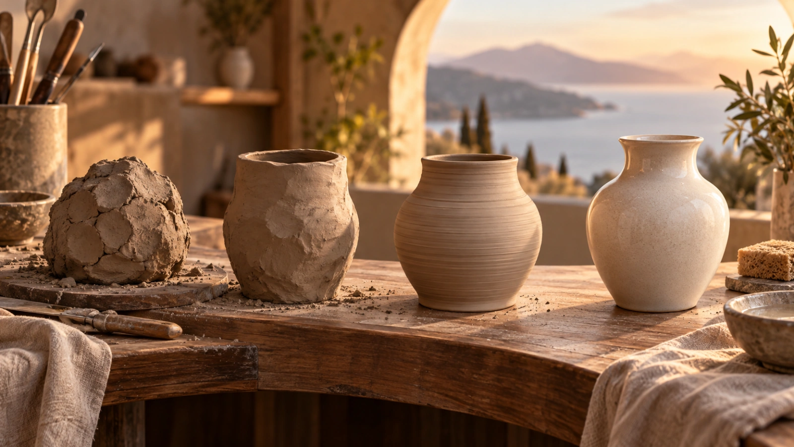 Four stages of pottery refinement on a workbench.
