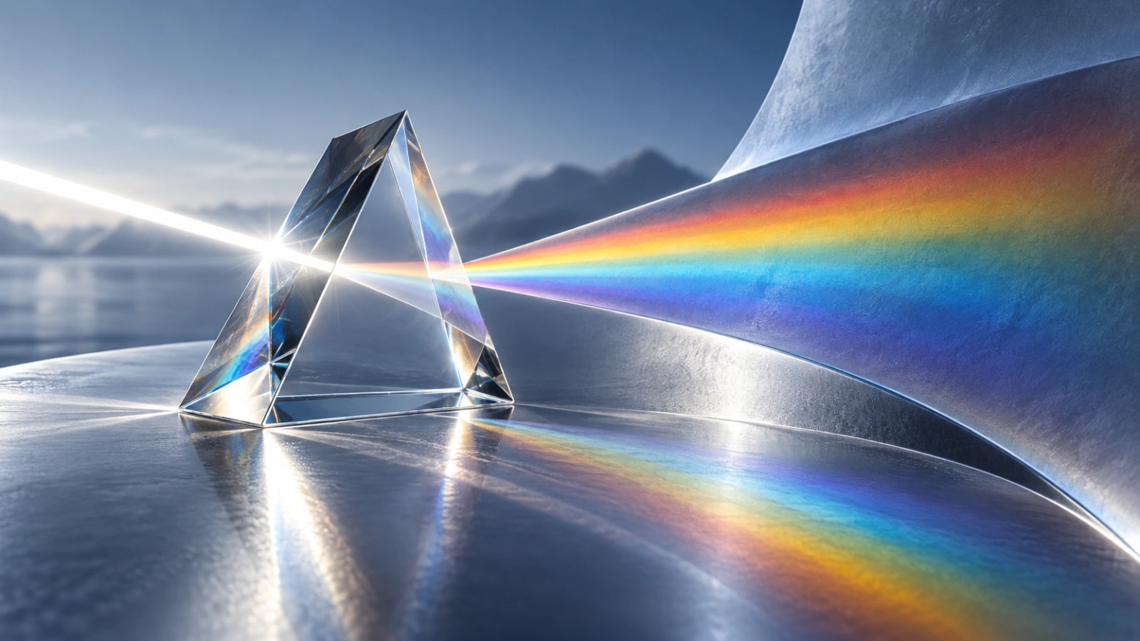 Glass prism separating a beam of light into colours.