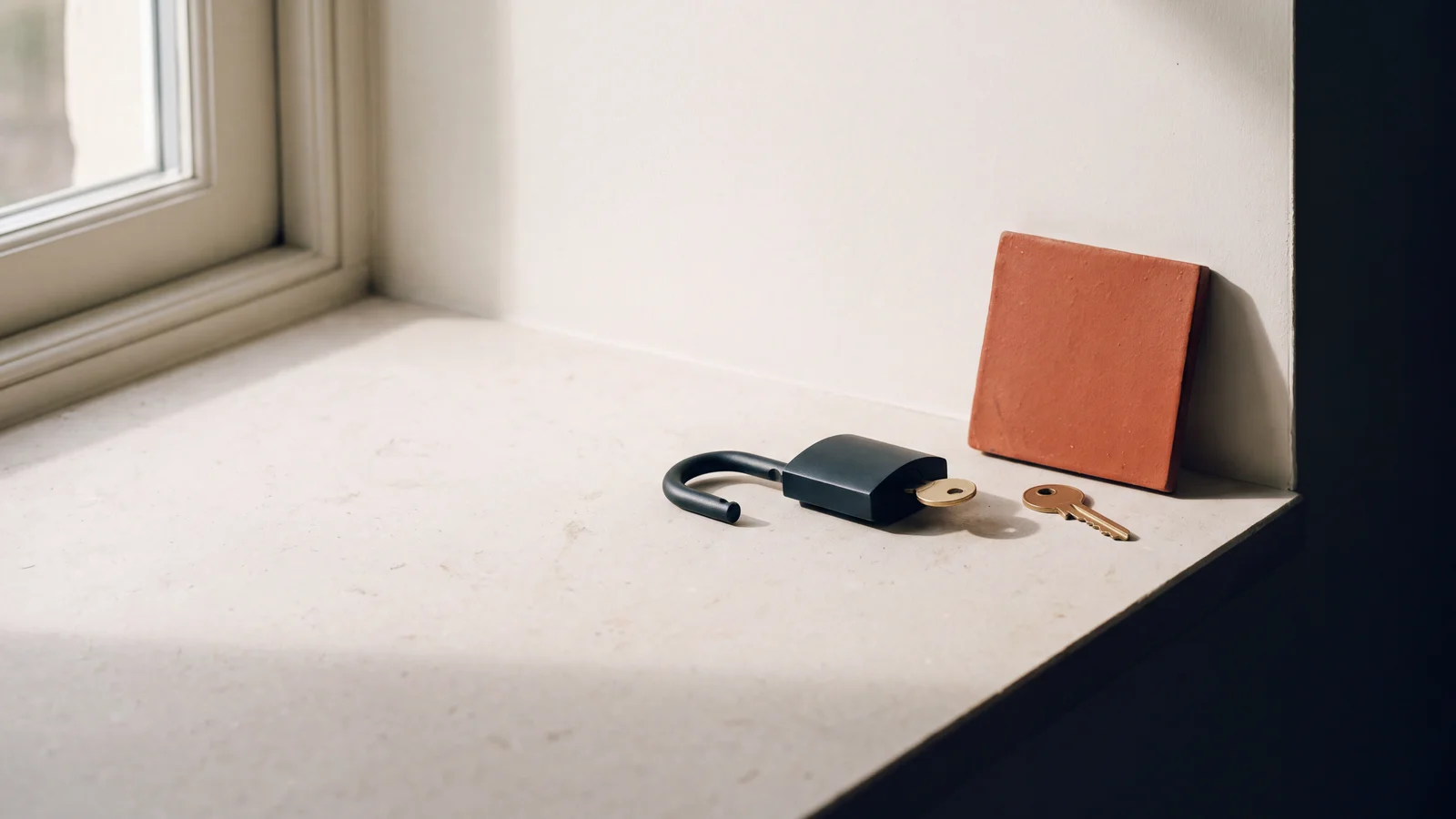 An open dark padlock, brass keys and a terracotta tile on a pale stone ledge