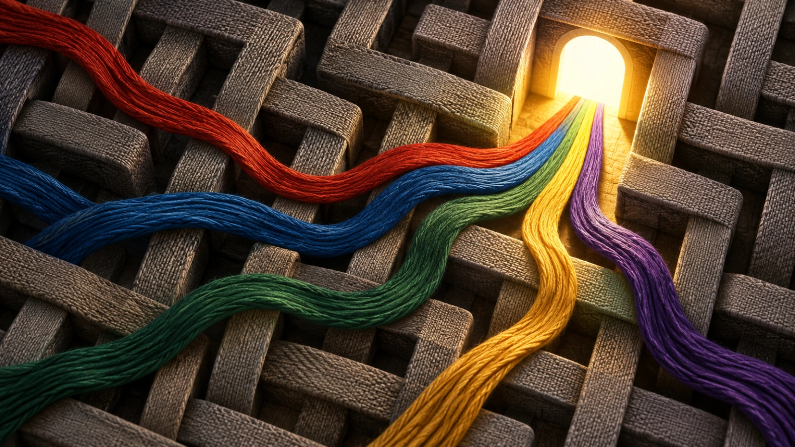 Coloured threads passing through a woven maze.