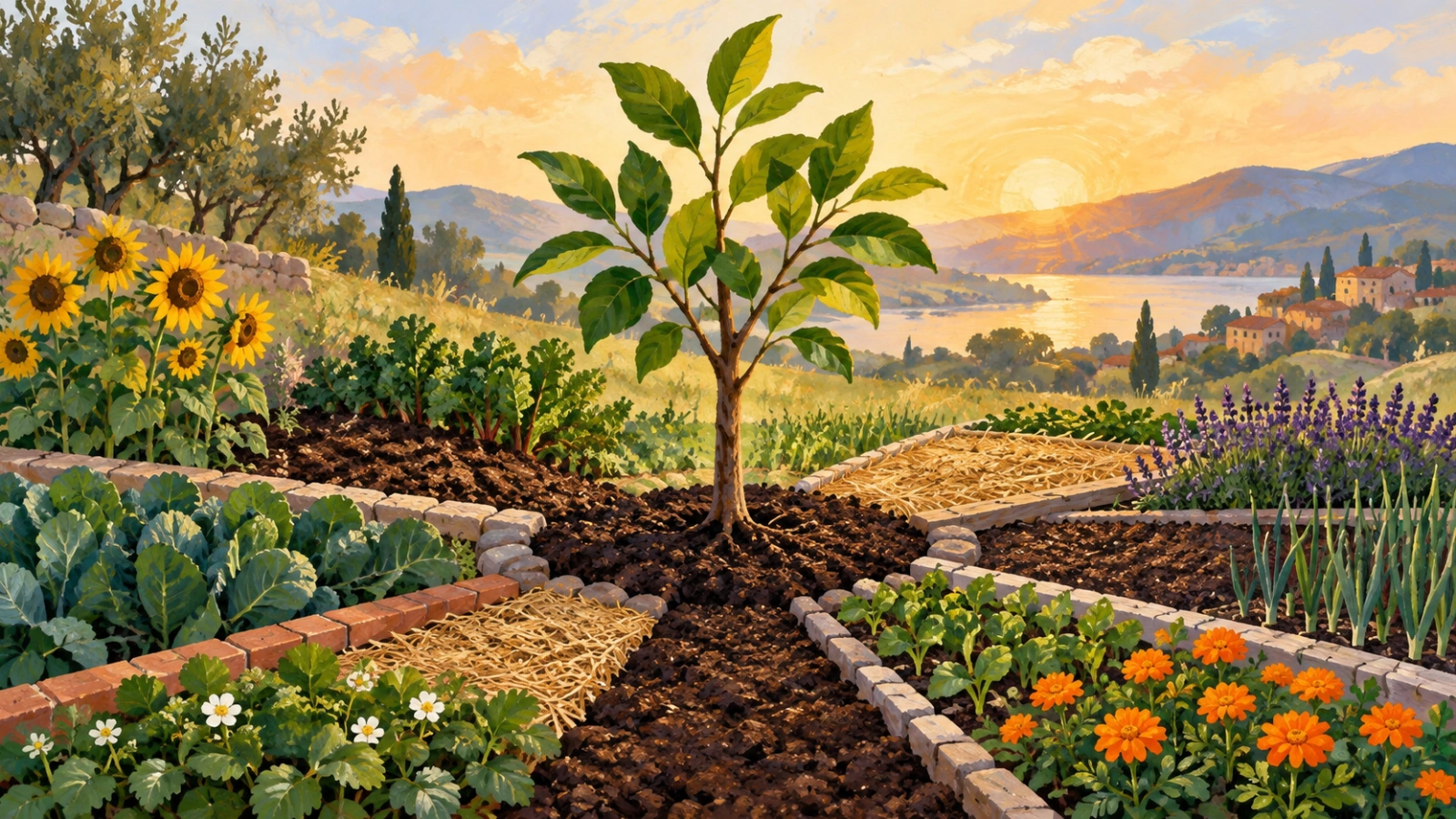 Illustration of a tree growing among shared garden plots.