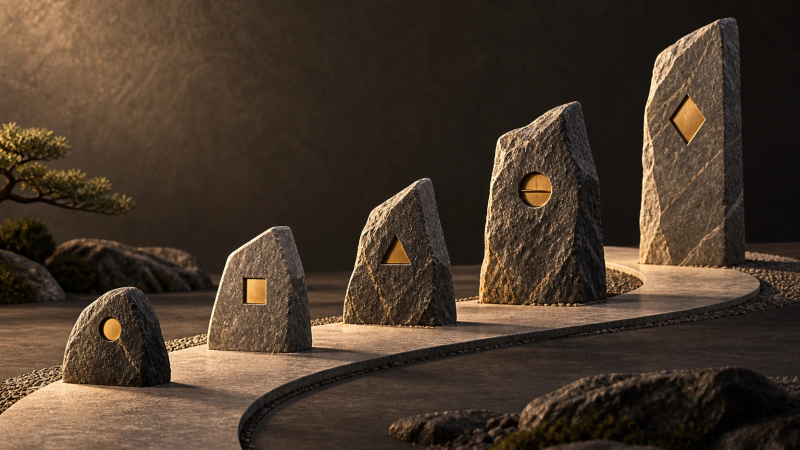 Conceptual stone markers of increasing height representing company milestones.