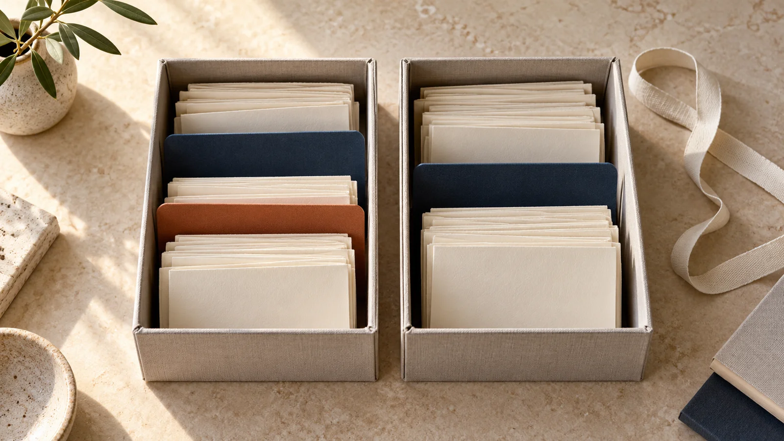 Two open archive boxes with folders, coloured dividers and a cotton ribbon on a stone table