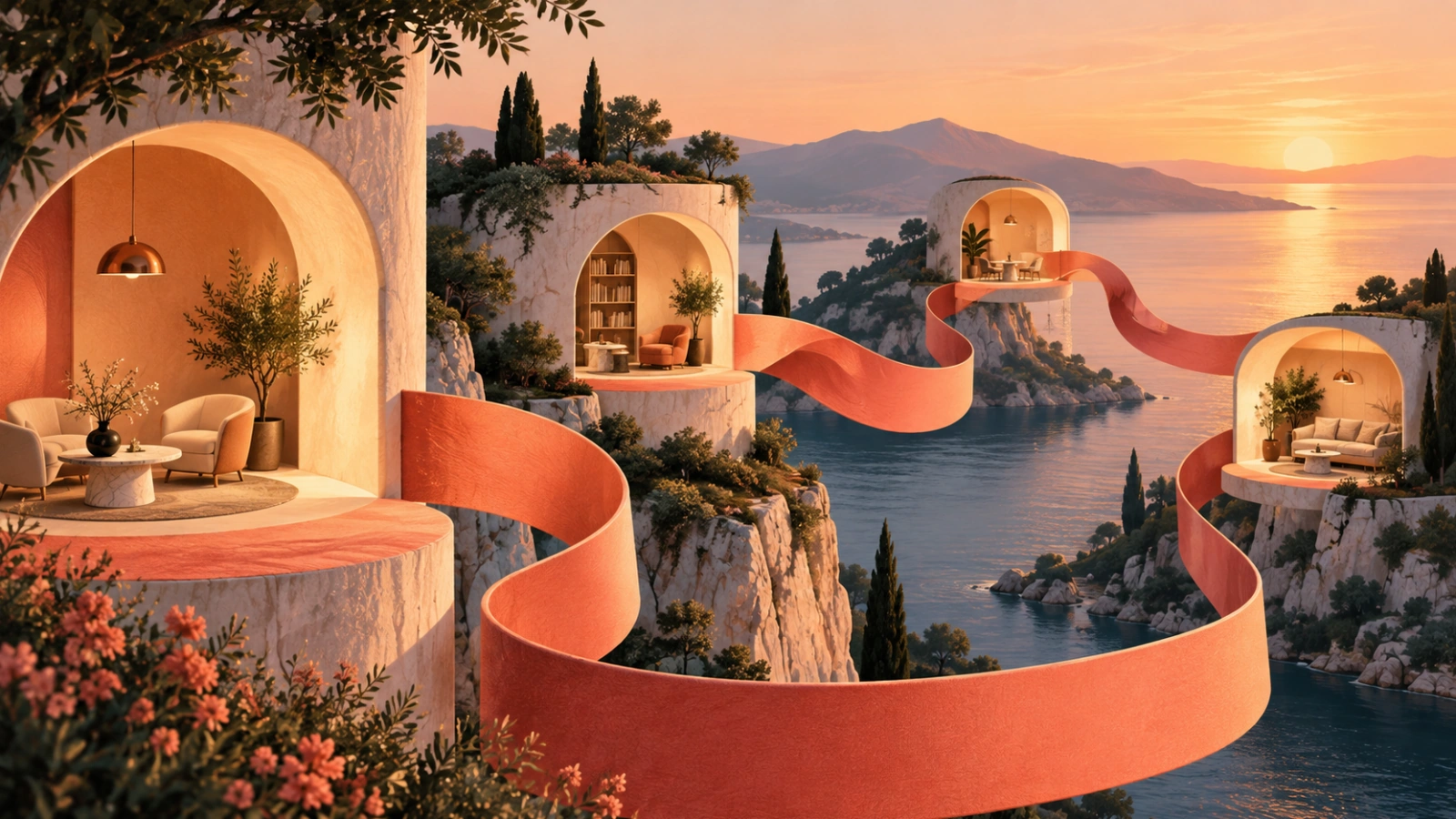 A continuous ribbon linking sheltered alcoves.