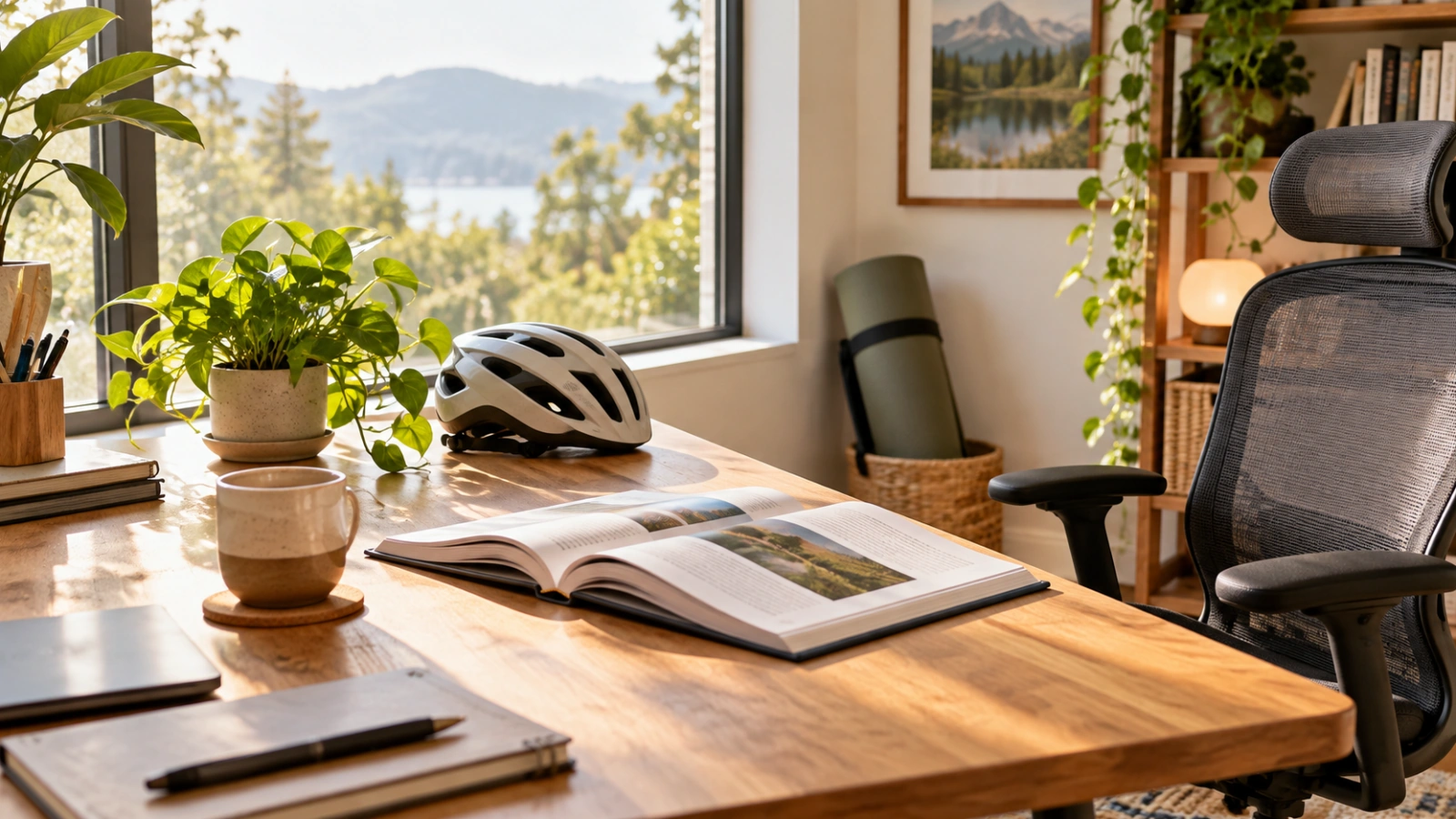 An ergonomic chair, learning book and bicycle helmet in a sunlit workspace.