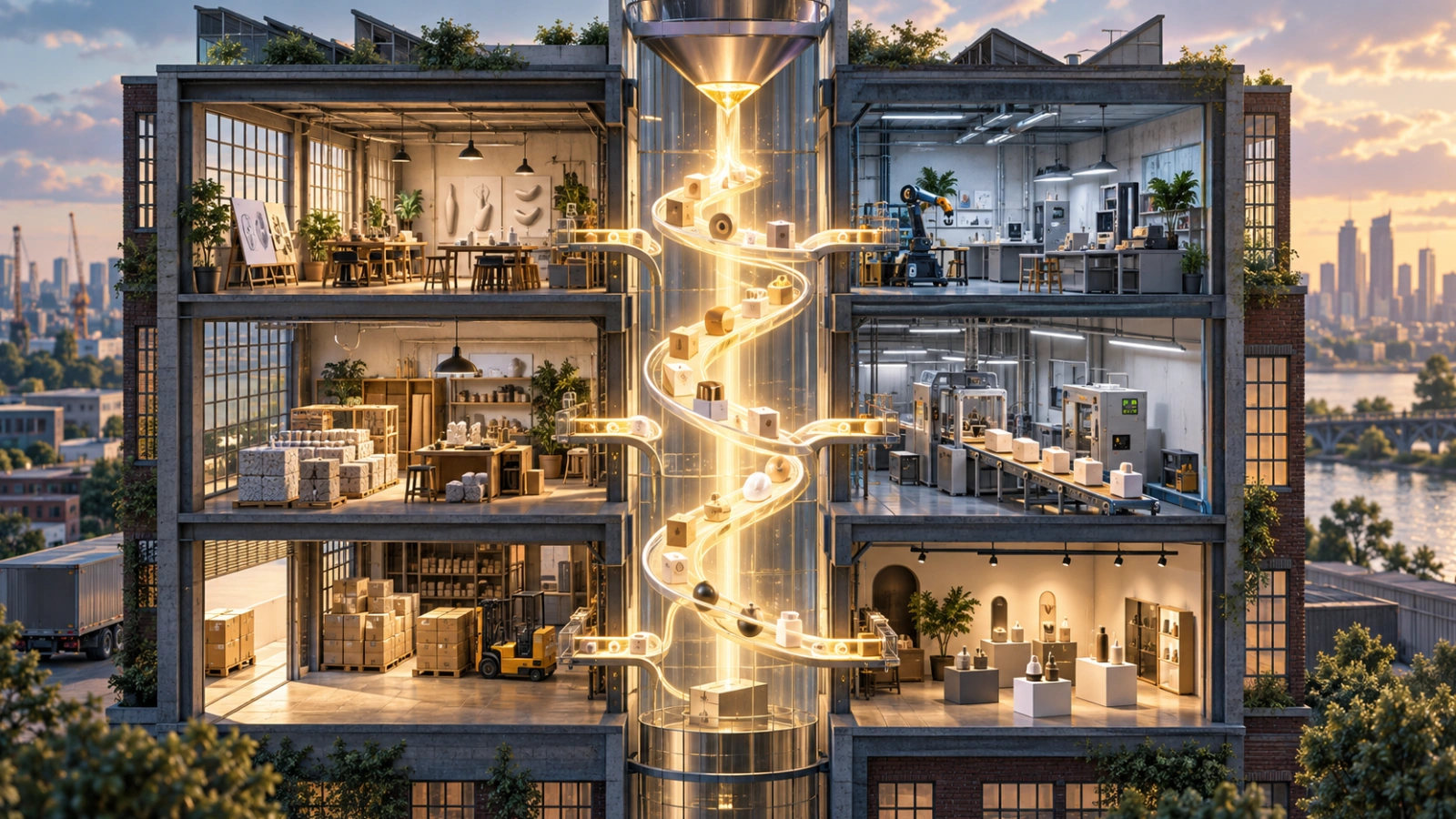 Cutaway industrial rooms linked by a central channel.