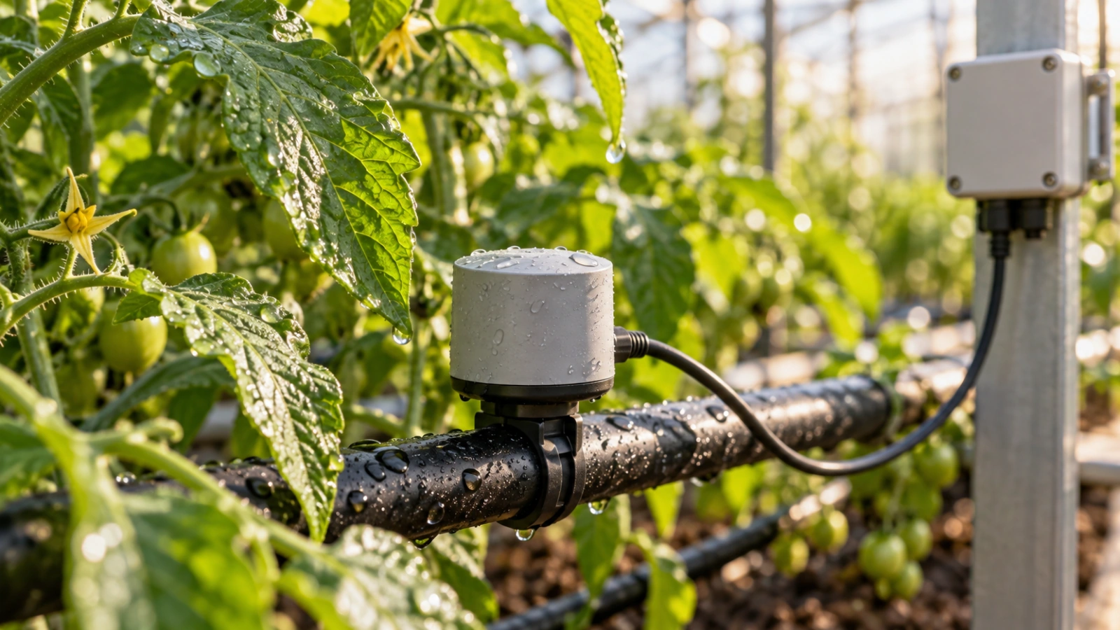 A connected environmental sensor mounted on a greenhouse irrigation pipe.