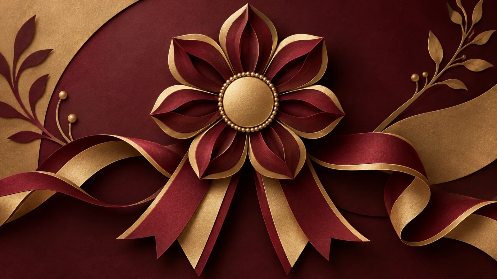Burgundy and gold paper rosette celebrating a milestone.