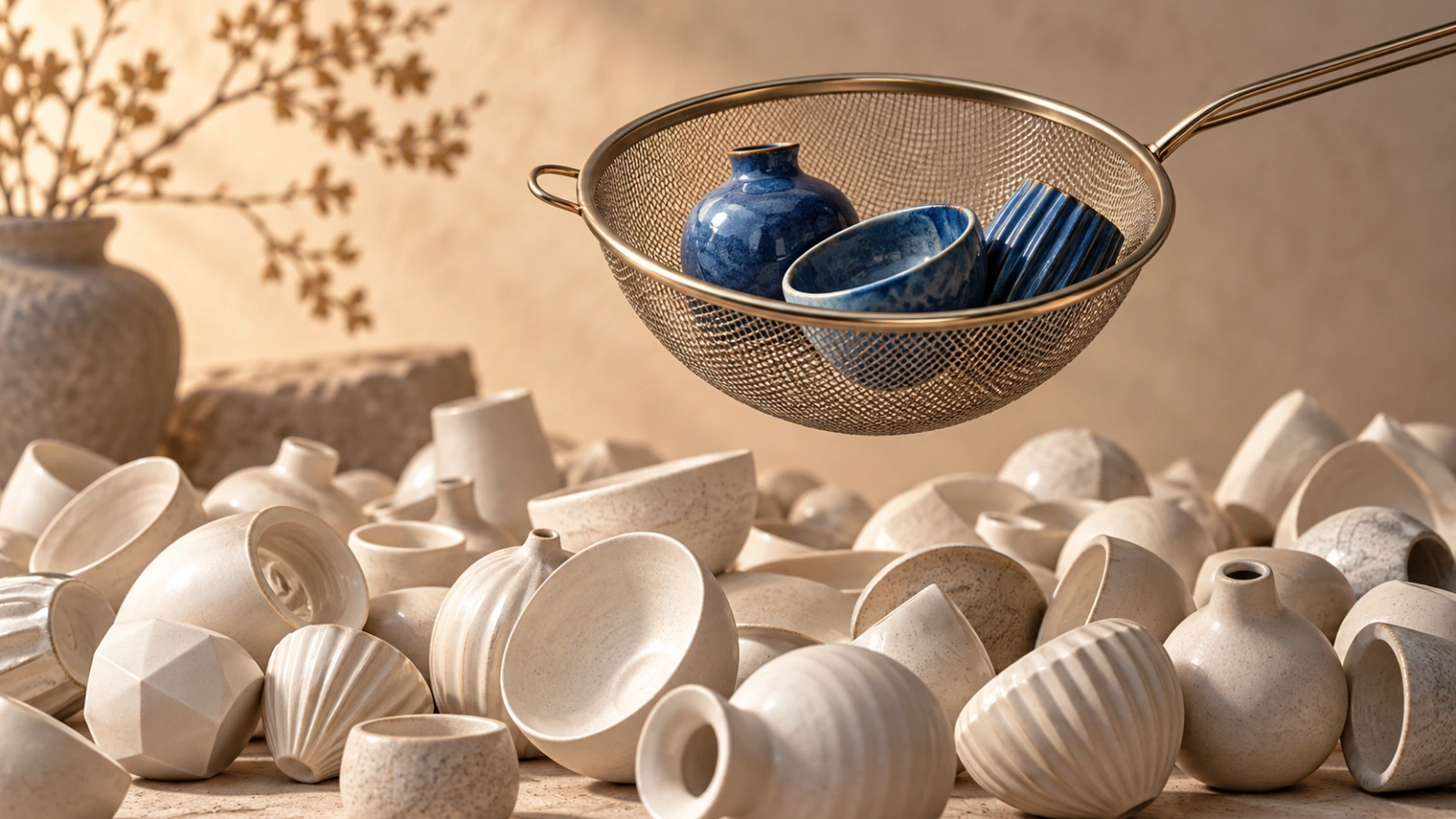 Sieve separating blue ceramic pieces from neutral fragments.