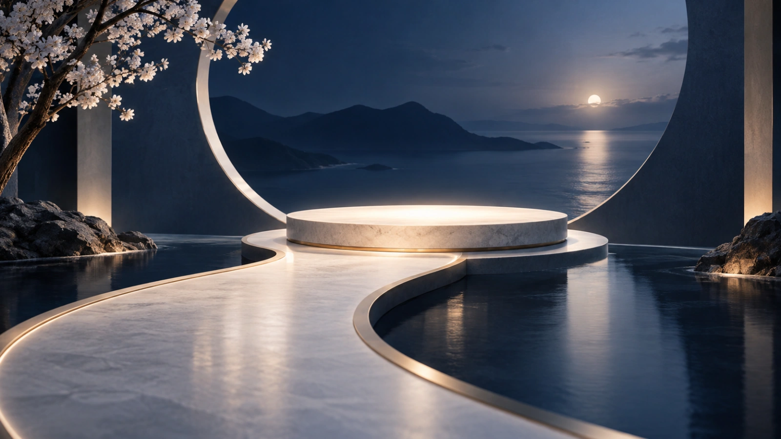 Illuminated platform reached by a curved ramp.