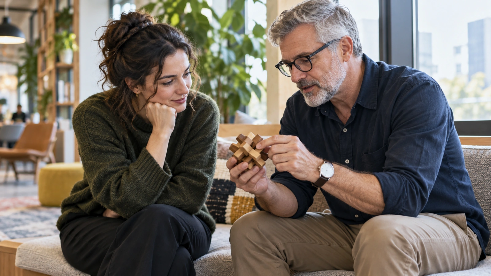 Two colleagues work through a wooden logic puzzle together.