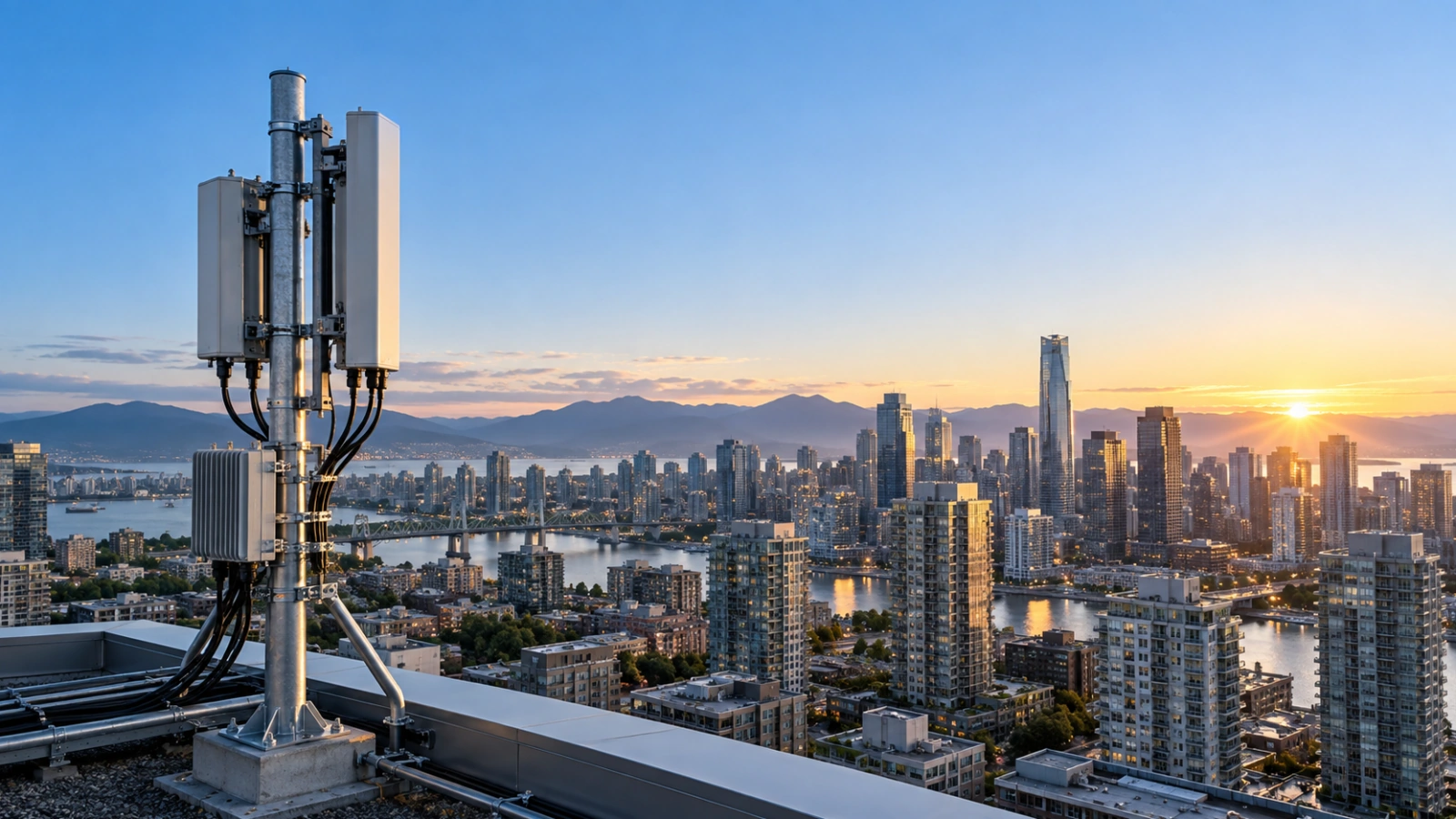 A rooftop telecommunications antenna overlooking a city.