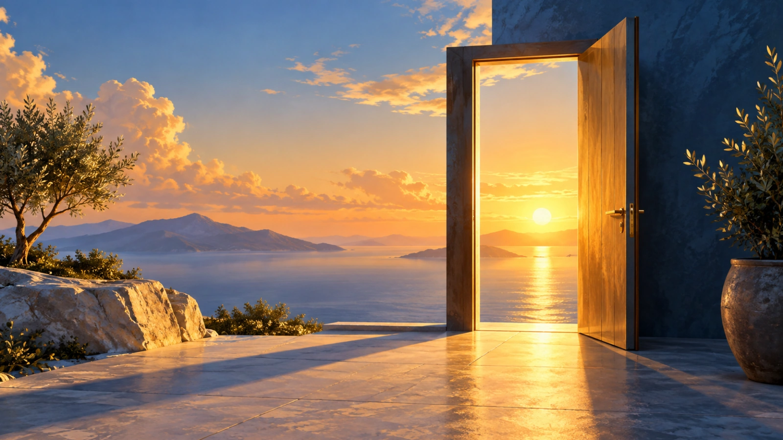 Illustration of an open wooden doorway facing sunrise over the sea.