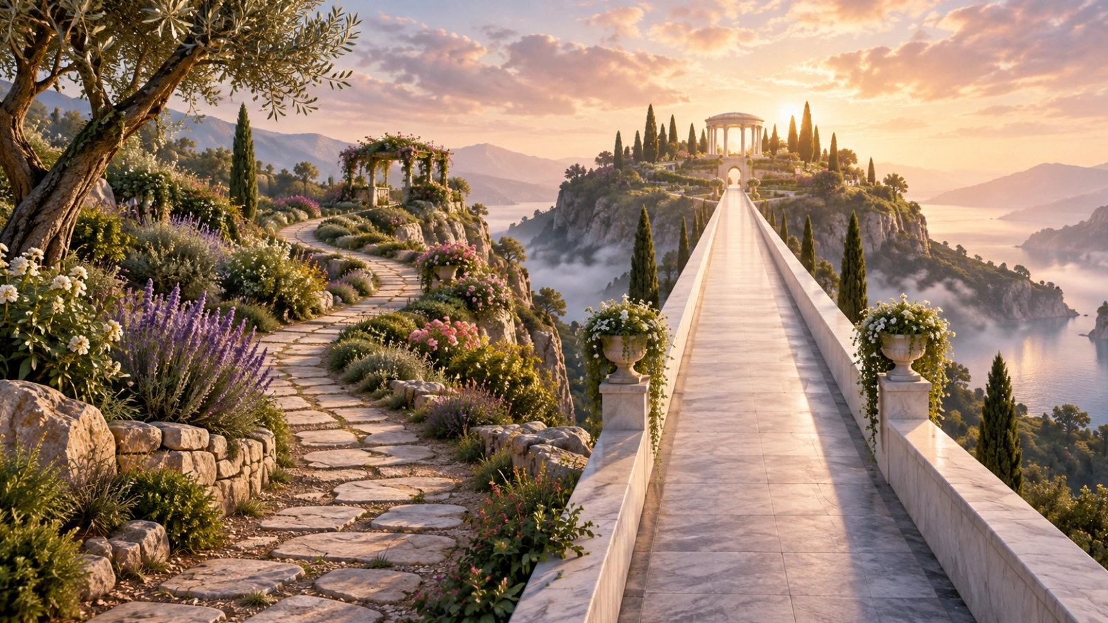 A winding garden path and a direct raised walkway leading to a destination.