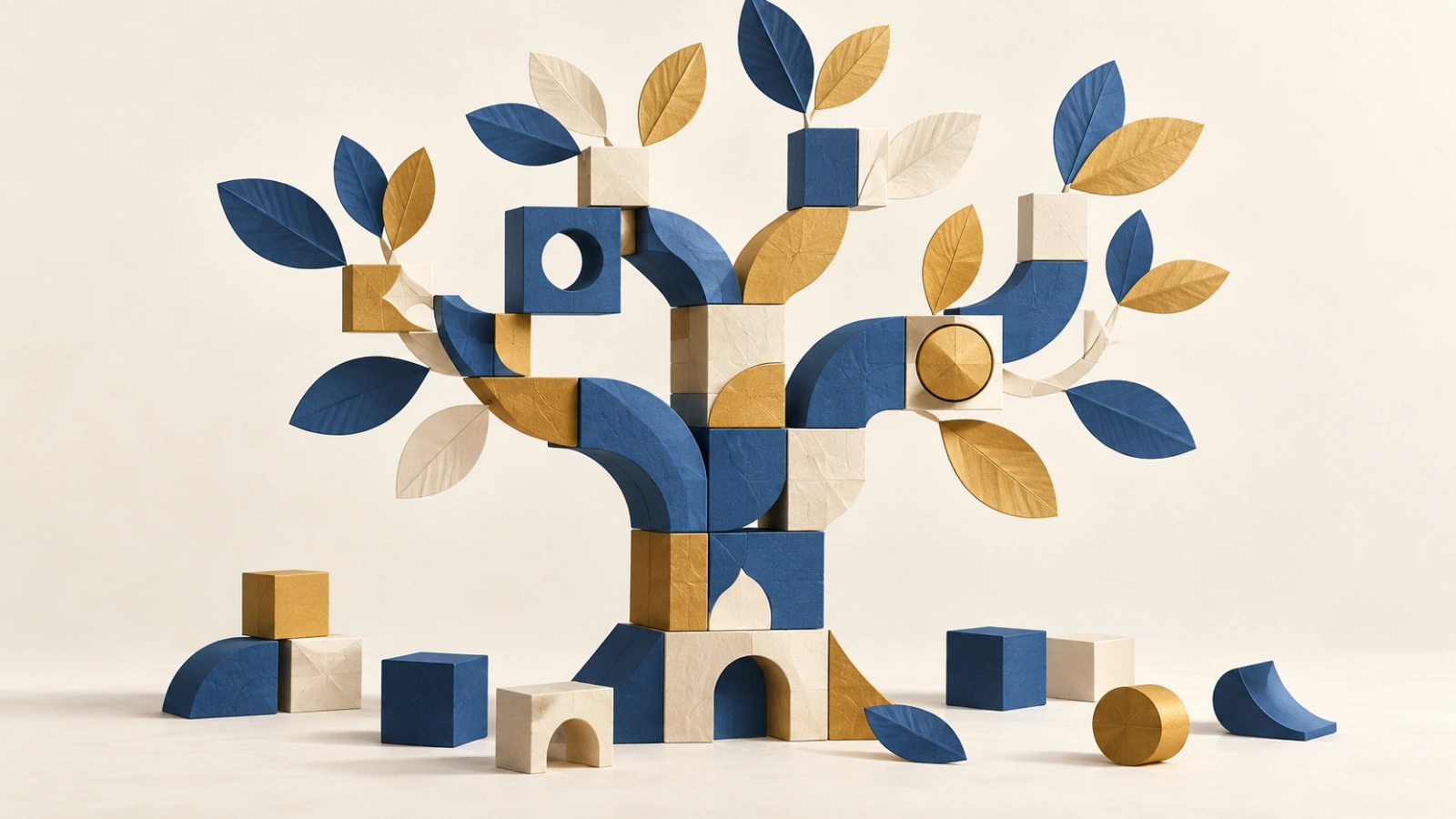 Modular blue and ochre blocks forming a tree.