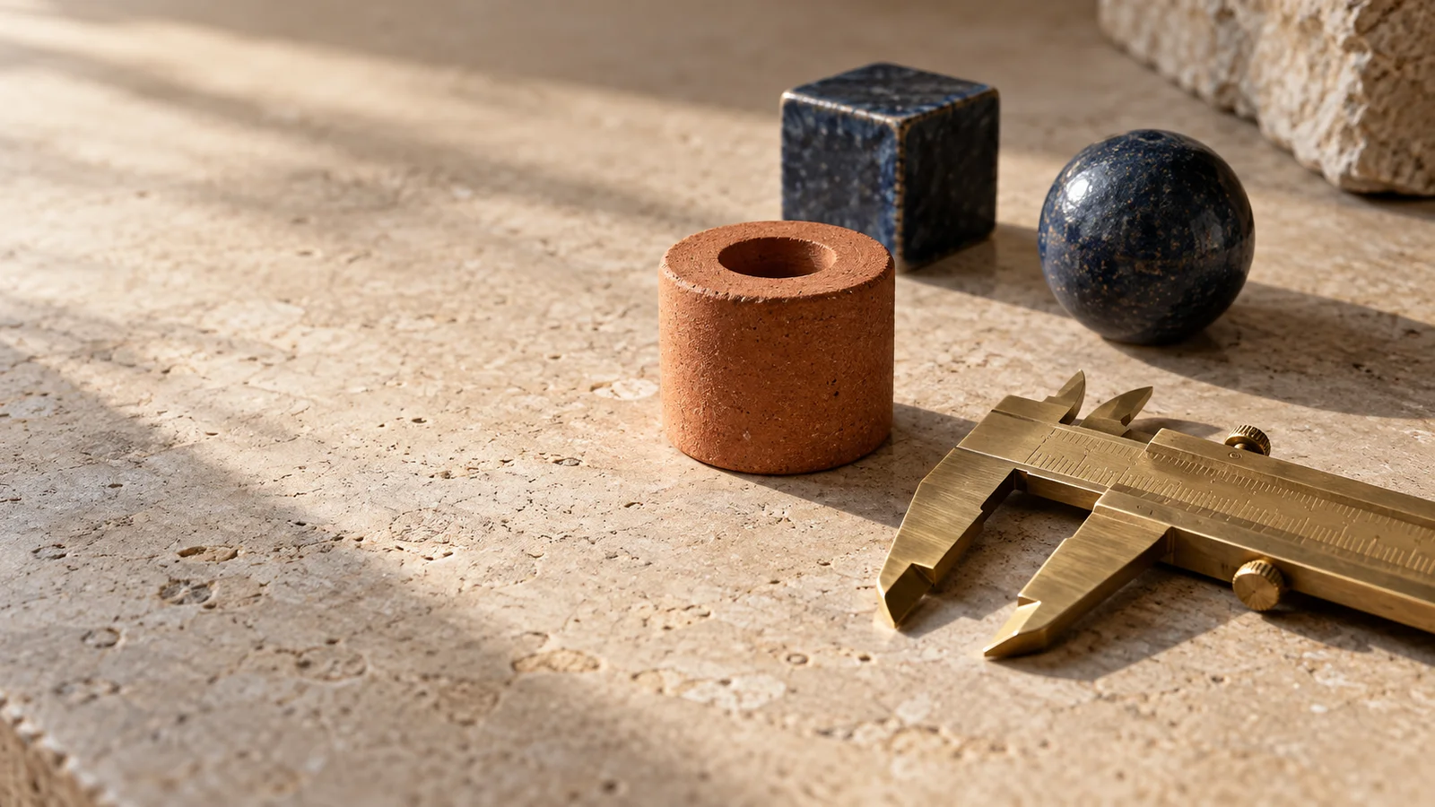 A brass caliper beside terracotta and navy geometric objects on a pale stone surface