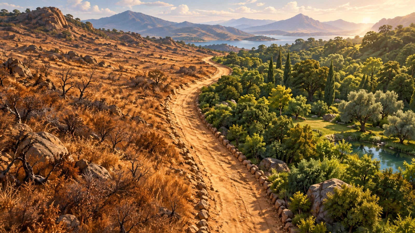 A firebreak separating dry brush from a green grove.