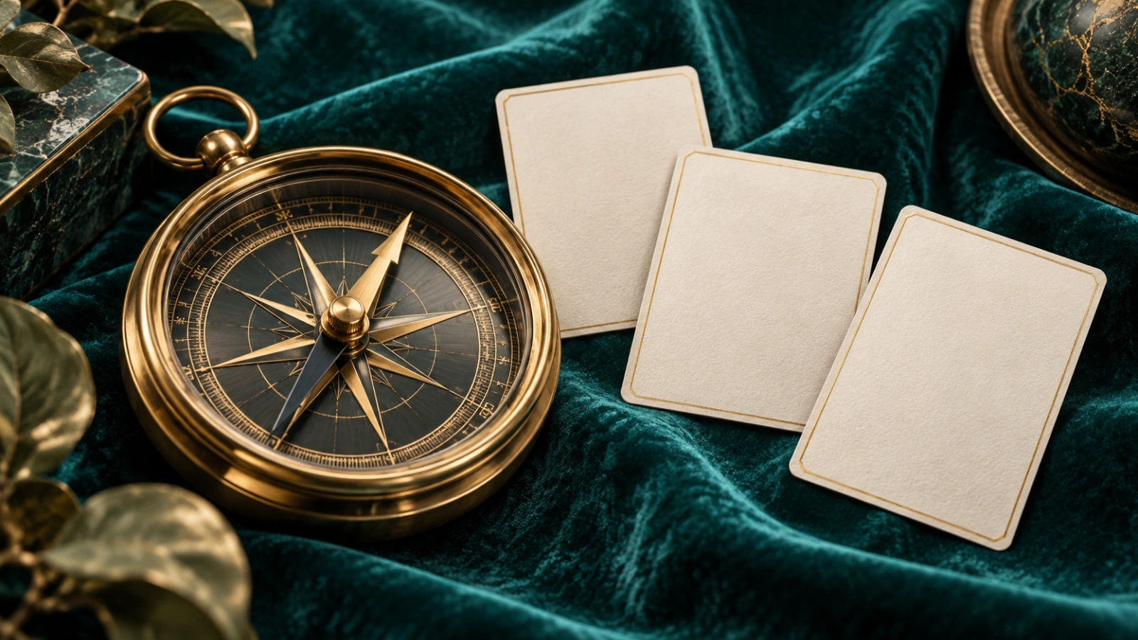 Brass compass beside blank cards on teal velvet, illustrating search and discovery.