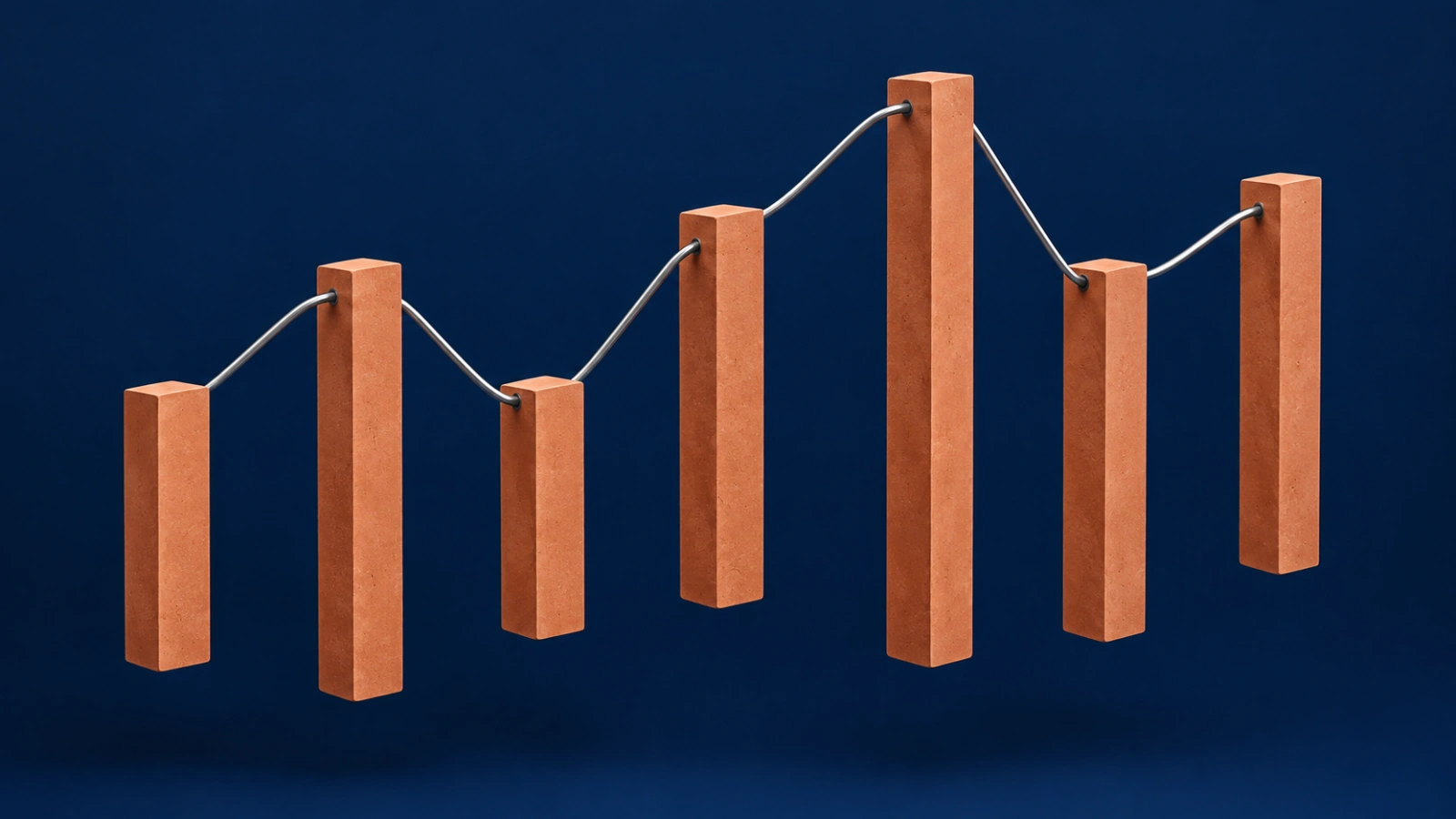 Terracotta columns connected by a silver rail illustrating changing search rankings.
