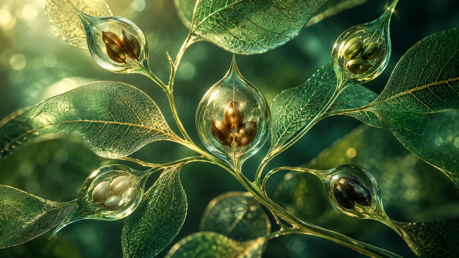 Translucent leaf veins connecting glass seeds.