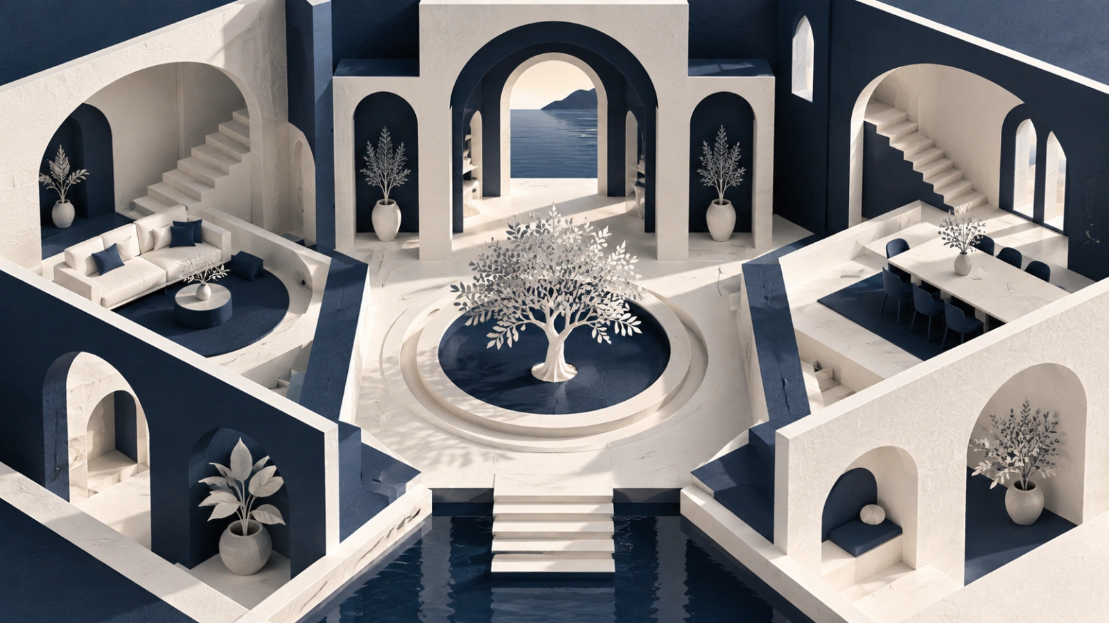 Nested white and navy architectural rooms illustrating semantic structure.