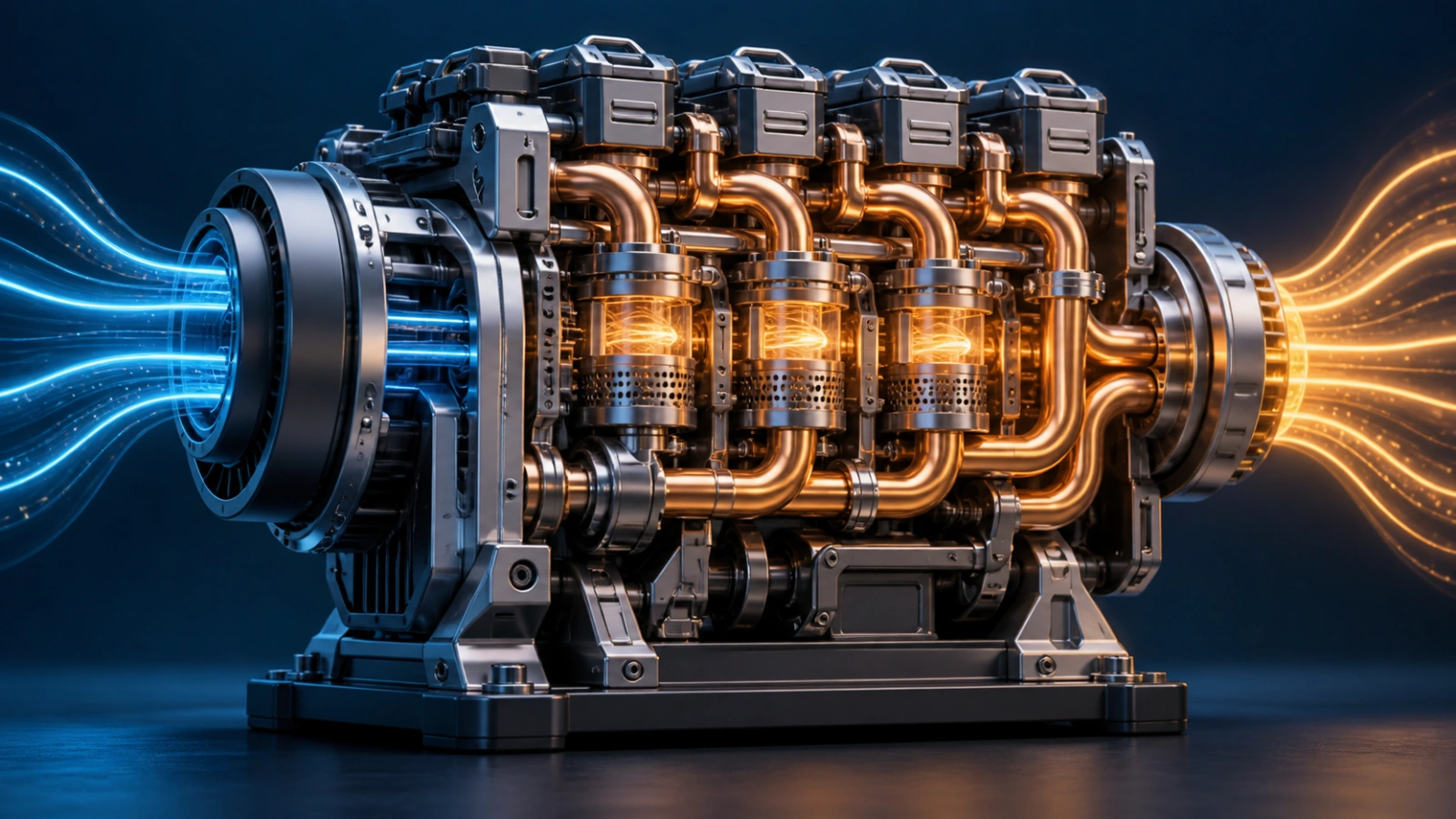 Copper conduits connecting components of a modular engine.