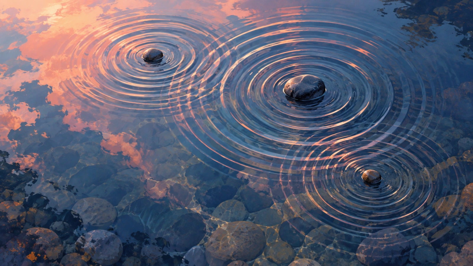 Overlapping ripples around three stones on water.