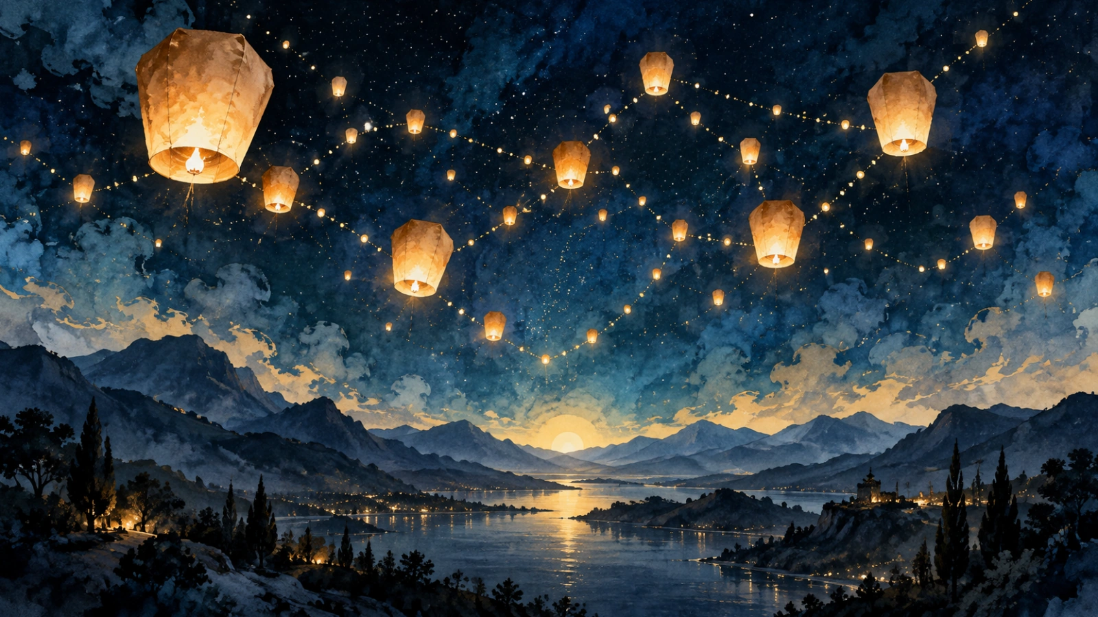 Lanterns illuminating a landscape as a metaphor for social discovery.