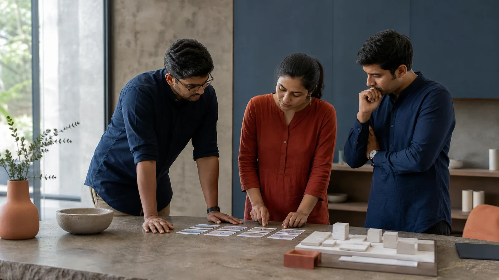 Product team reviewing evidence cards and a physical prototype before committing to software development
