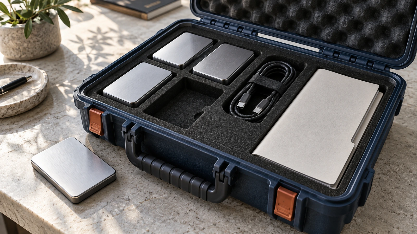 An open protective case holds data drives, a cable and a documentation folder, with one drive removed from its fitted slot