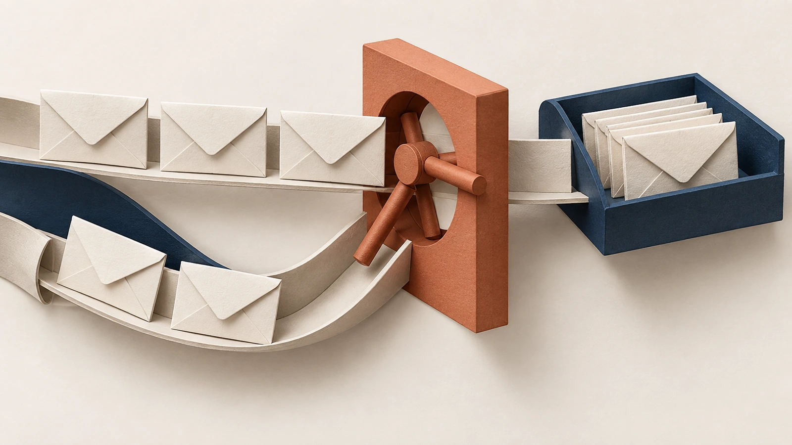 Paper envelopes approach a terracotta turnstile with a curved return route and a navy receiving tray
