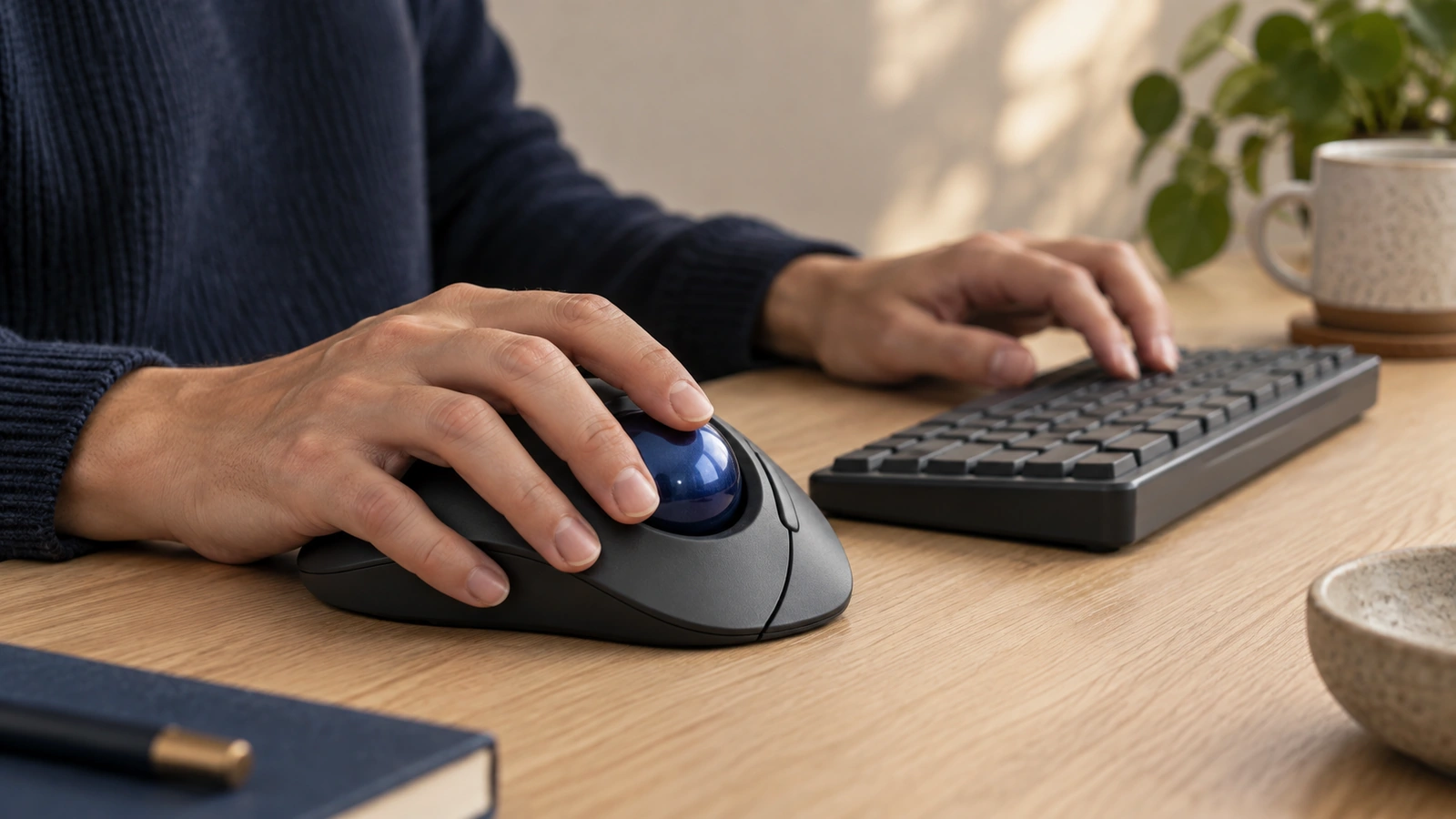 Hands operating a blue trackball and compact keyboard on an oak desk