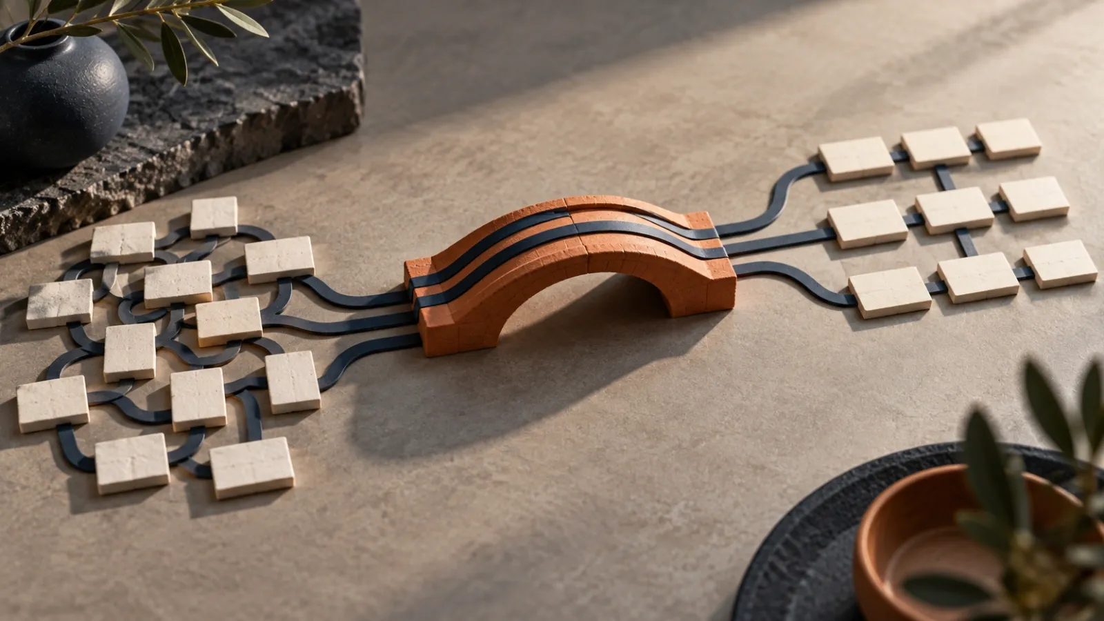 A terracotta bridge preserves routes between two physical arrangements of website page tiles
